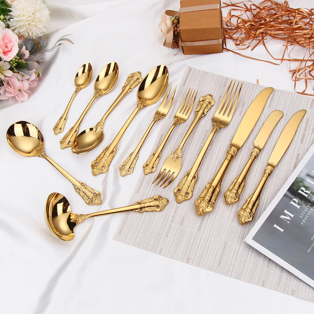 Gorgeous Glossy Gold Flatware Set, Antique Silverware, Stainless Steel Copper Cutlery, Serving Utensil Knife Fork Spoon