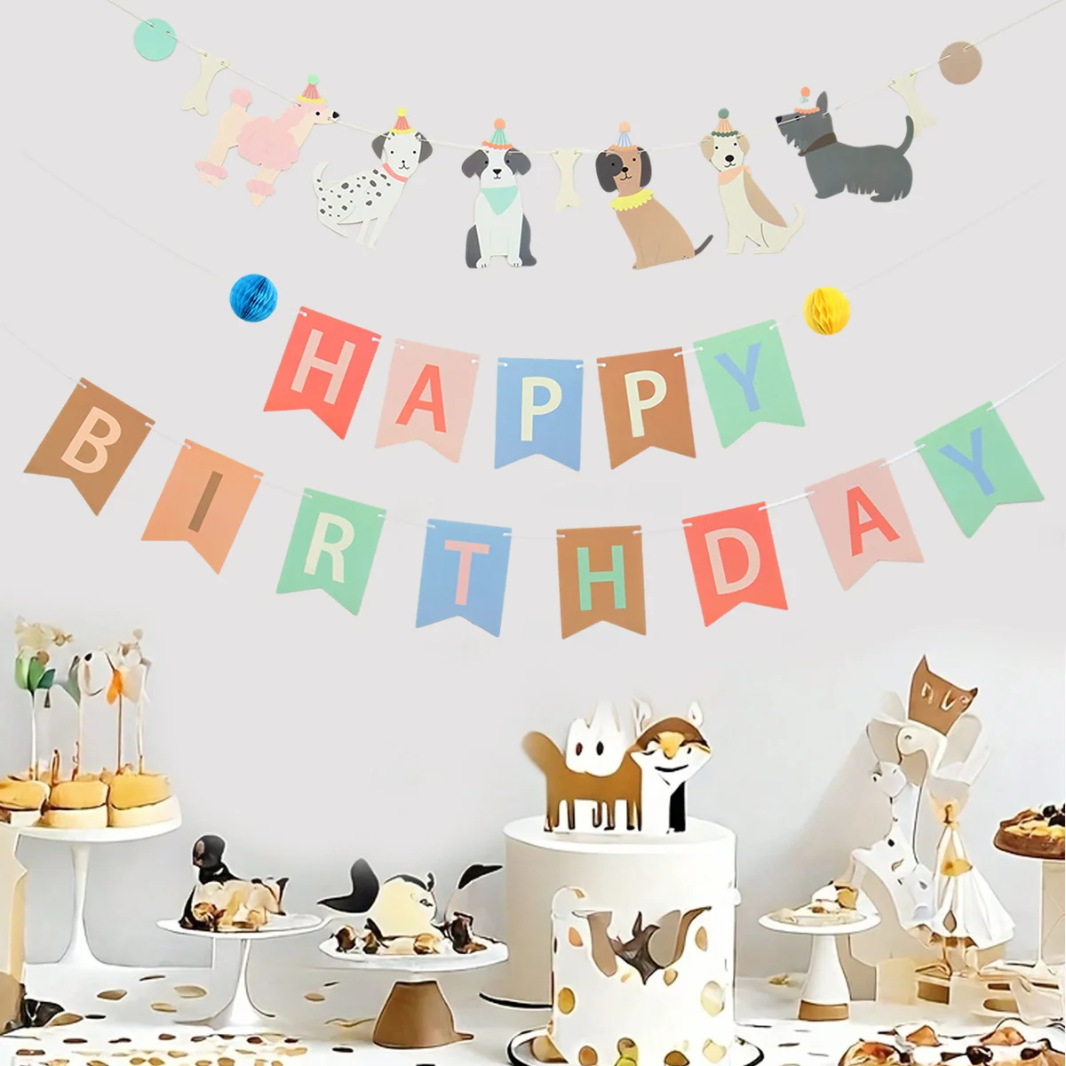 1pc Puppy Dog Themed Bone Happy Birthday Banner Backdrop Colorful Holiday Decoration Pet Baby Dog Happy Birthday Party Supplies