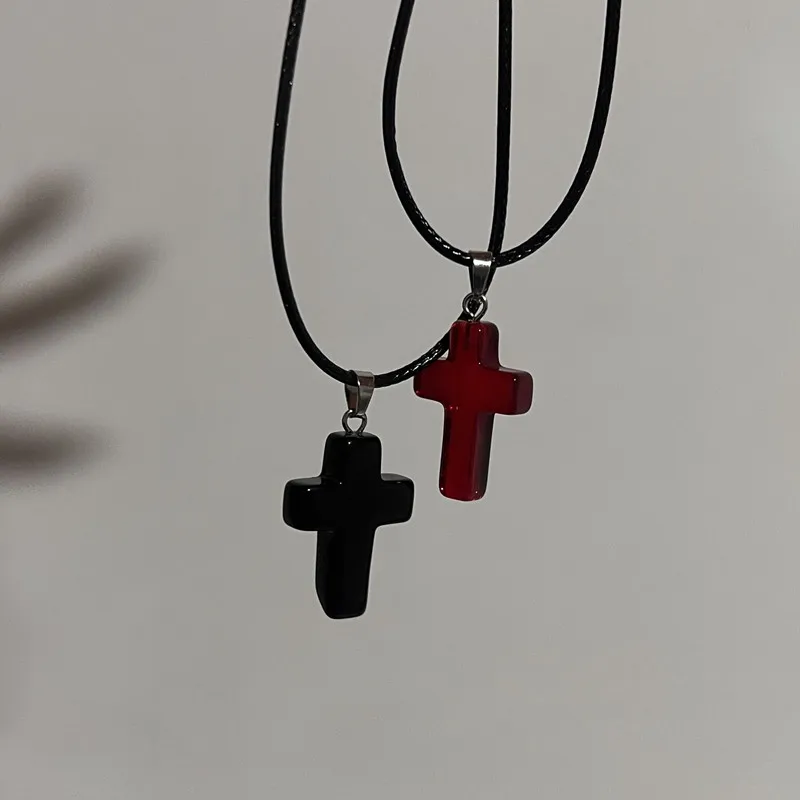 Vintage Gothic Black Rope Red Cross Pendant Necklace for Couple Jewelry Aesthetic Accessories
