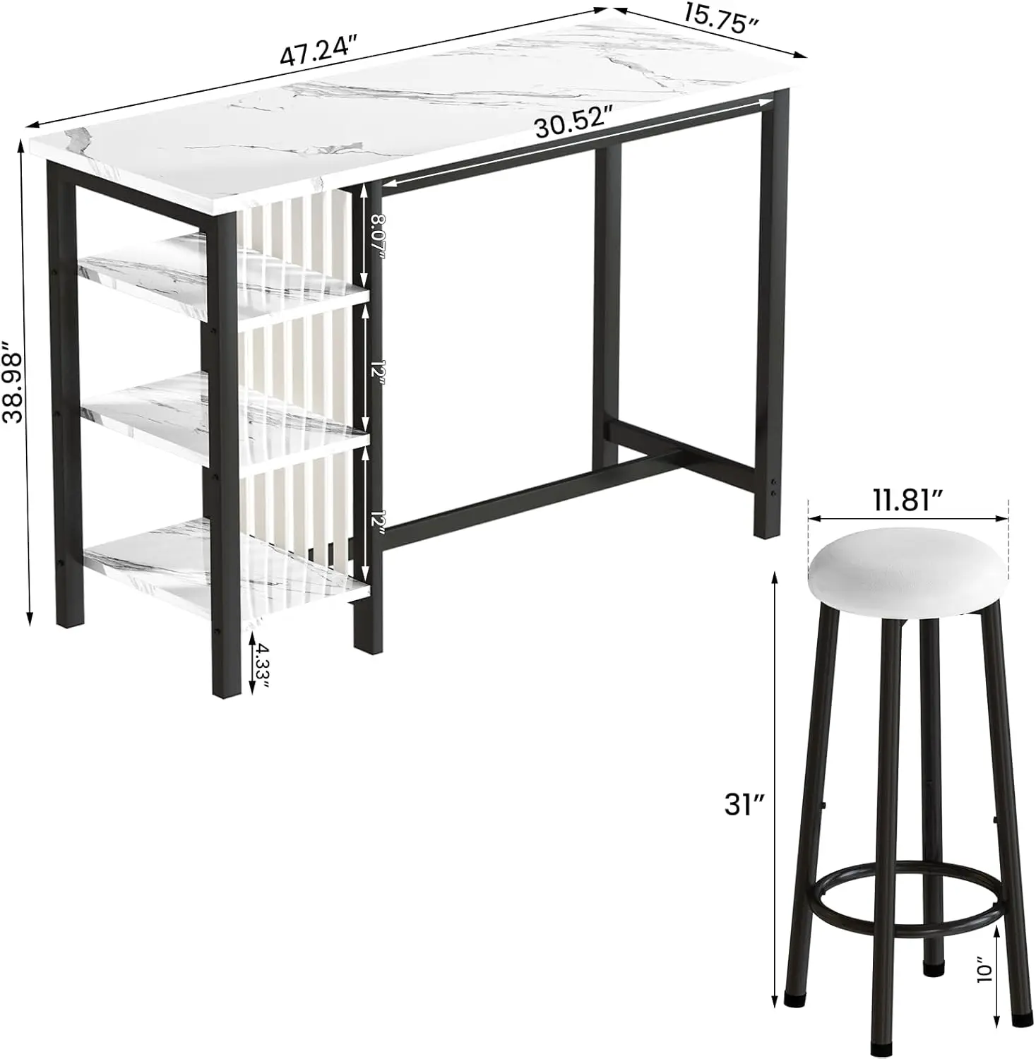 AWQM-Home Bar Mesa Set, Faux Marble Jantar Set com Prateleiras De Armazenamento, estofados Couro Bar Altura Banquetas, Branco, 47"