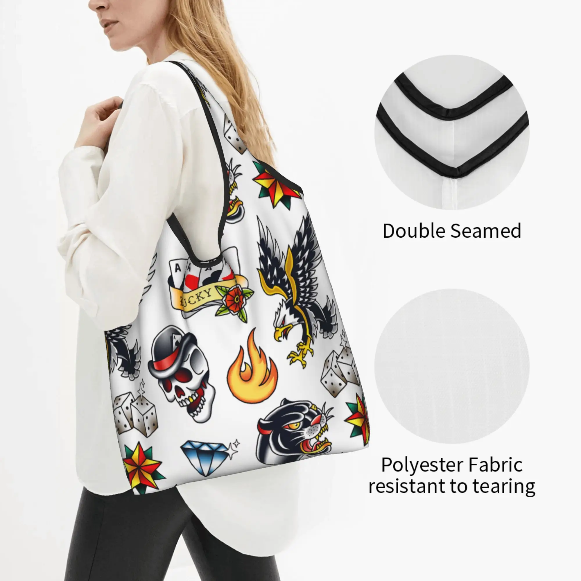 Skull Poker Four Aces Panther Eagle Shopping Bag Fashion Shopper Tote Shoulder Bag Spades Hearts Clubs Diamonds  Handbag