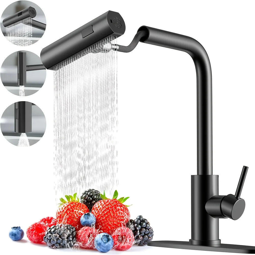 1 PC Black Kitchen Faucet With Pull Down Spray, Waterfall Kitchen Sink Faucet, Commercial Utility Stainless Steel Kitchen Faucet