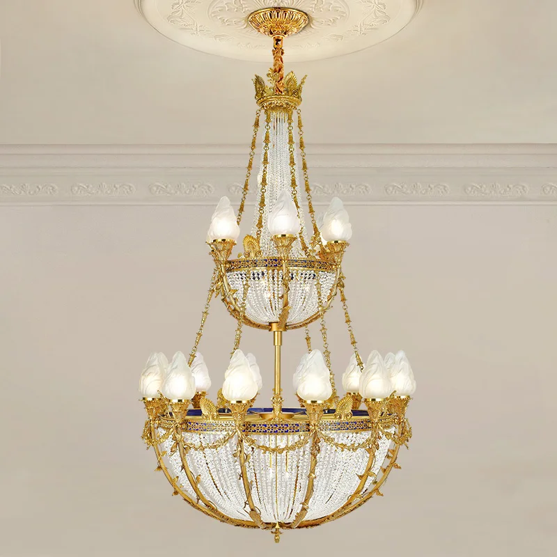 French Style Copper High Ceiling Pendant Light European Traditional Villa Duplex Loft Hall Lamp Brass Crystal Large Chandelier