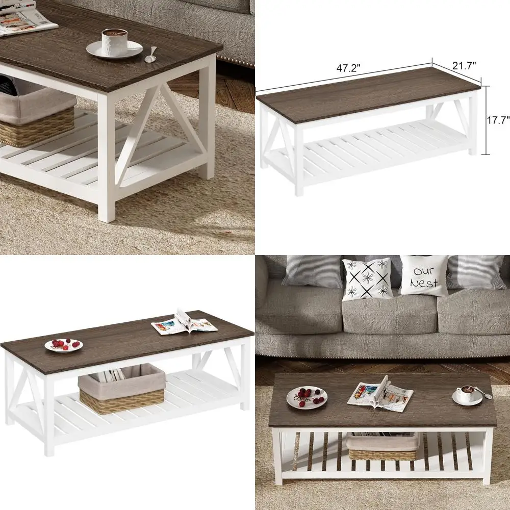 

Vintage Rustic White Coffee Table with Shelf for Living Room, 47 inches