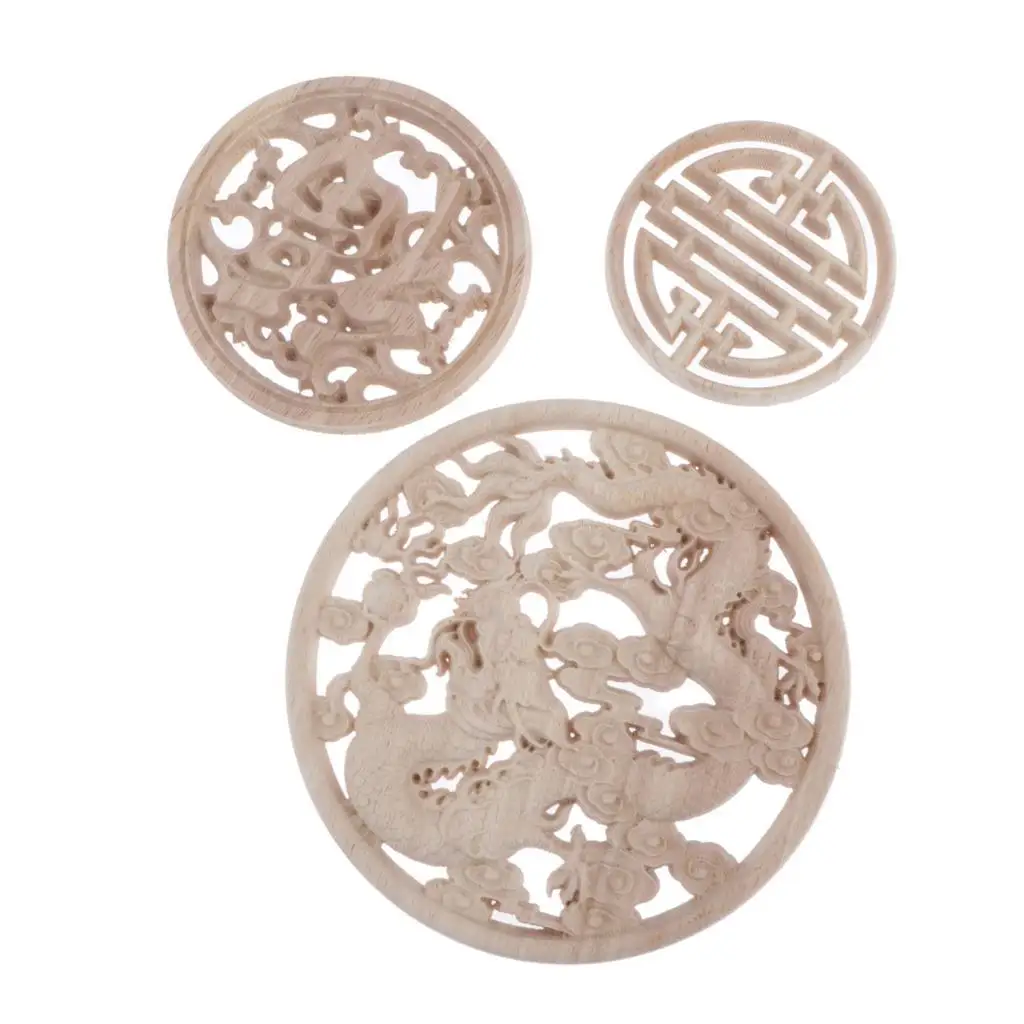 3pcs Round Decorative Wooden Appliques Furniture Onlay Decal 8/10/12cm