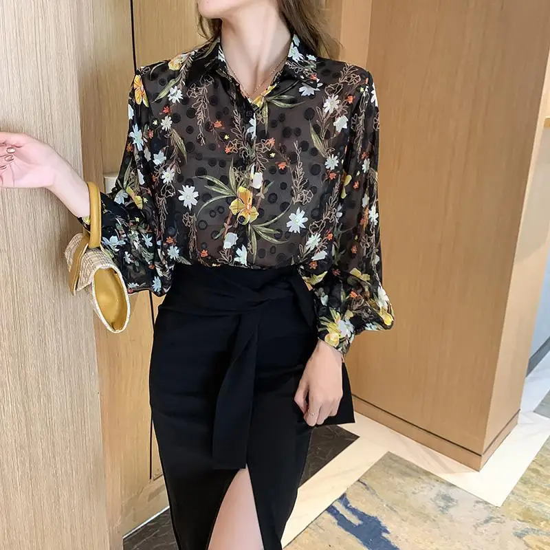 Elegant Fashion Lantern Sleeve Printing Button Women\'s Shirt 2024 Spring Summer Ladies Vintage Casual Turn-down Collar Blouses