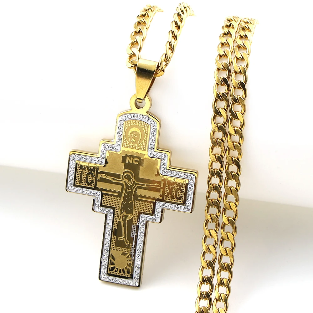 Orthodox Jesus Crucifix Cross Pendant Necklace for Women Men Gold Color Stainless Steel Rhinestones Baptism Chain Jewelry Gift