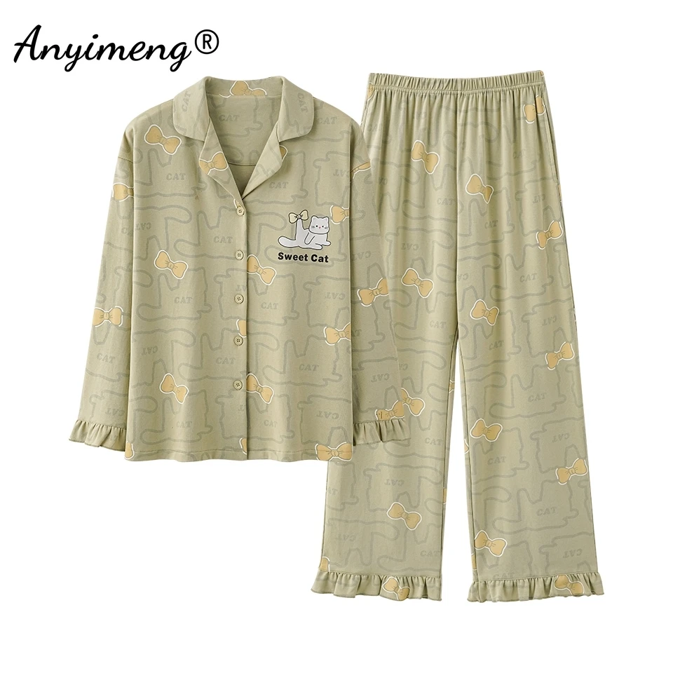 Turn-down Collor Faux Cotton Autumn Spring New Women Pajamas Set Long Sleeves Sleepwear Leisure Pijama Lady Casual Homesuits