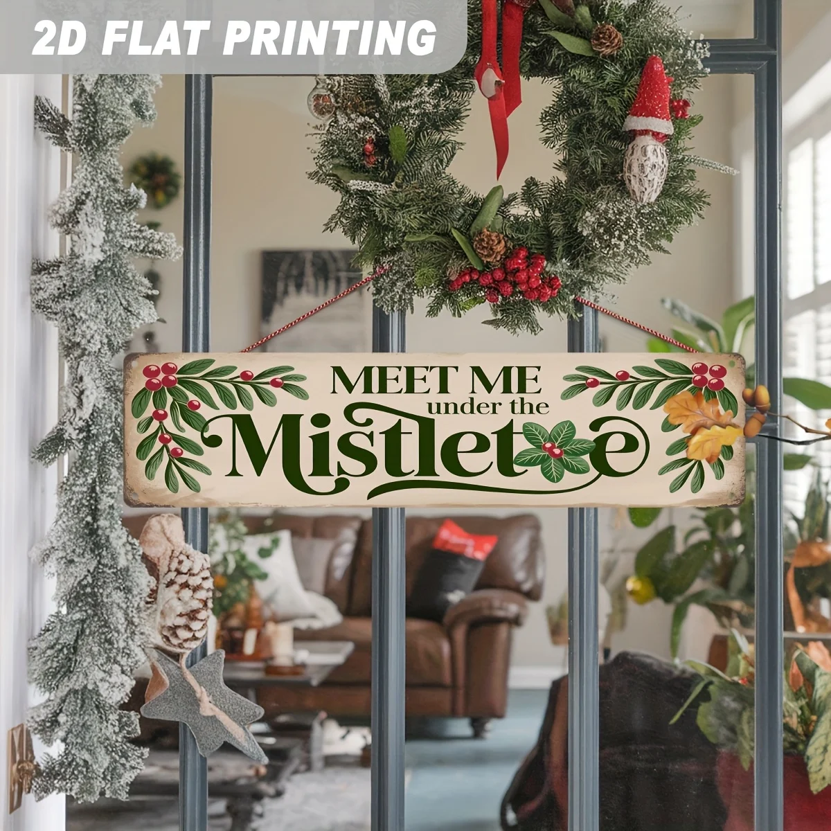 Vintage Mistletoe Meeting Aluminum Wall Art, Waterproof Metal Plaque for Home Entryway Living Room Decor