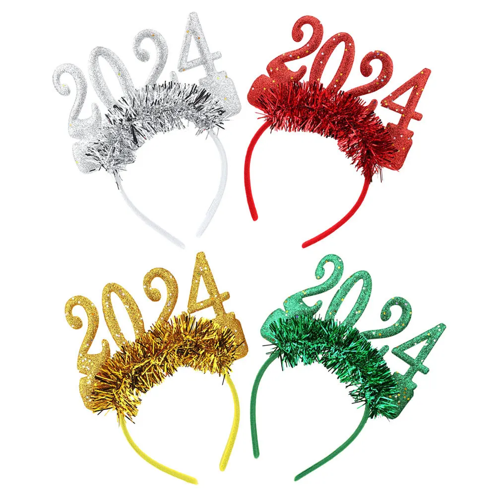 

4Pcs New Year Headbands 2024 Glitter Party Accessories Festive Celebration Decorative Tinsel Women Hair Bands