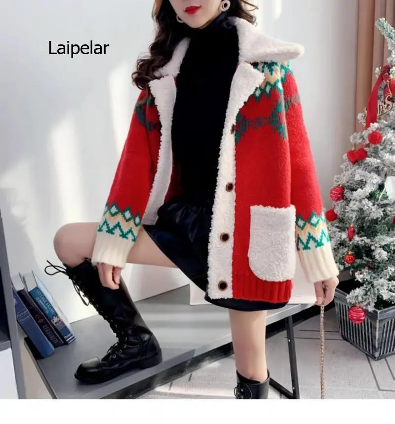 

Women's Thick Red Christmas Sweater Loose Knit Jacket Autumn Winter Series
