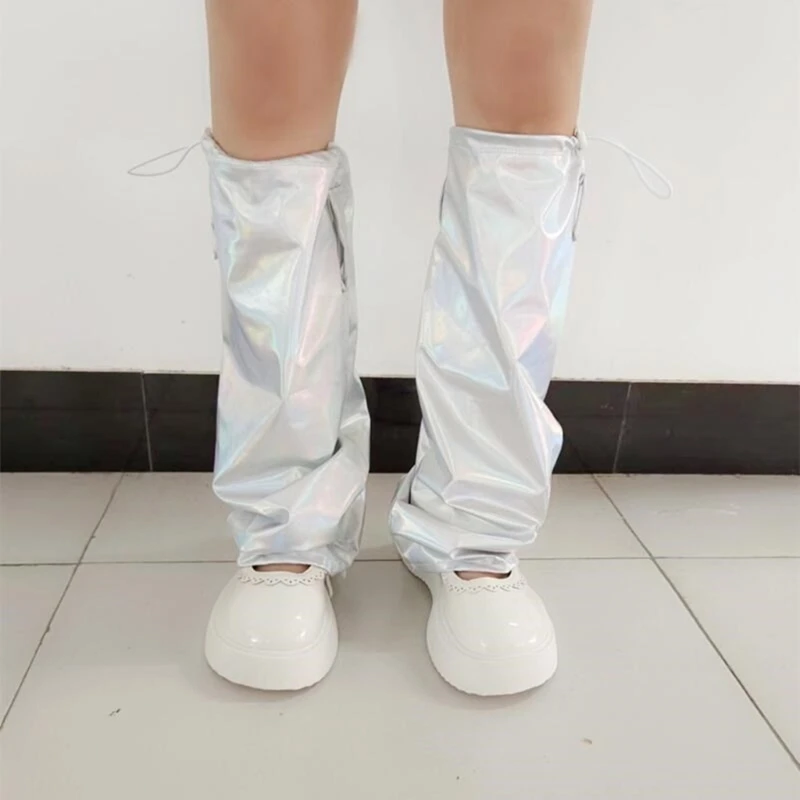 Women Punk Baggy Loose Leg Warmers Gaiters with Drawstring Harajuku Shinning Metallic Foot Cover Flared Socks Streetwear