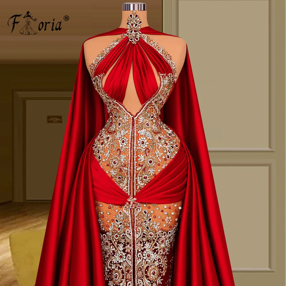 Rotes Meerjungfrau Brautkleid mit Umhang handgemachte Perlen Kristall formale Anlass Kleider Illu ion Abendkleider Vestidos de Novia