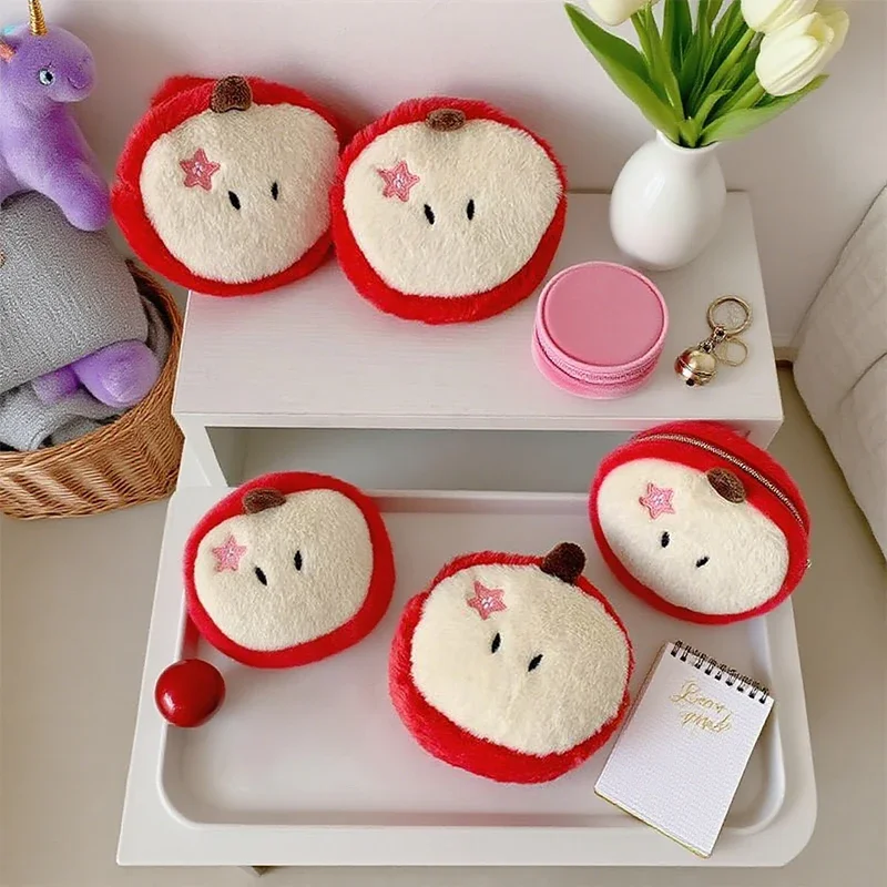 Dompet Koin Kartun Apple Plush, Gantungan Kunci, Tas Penyimpanan Praktis, Gantungan Ransel Lucu, Hadiah Unik untuk Gadis