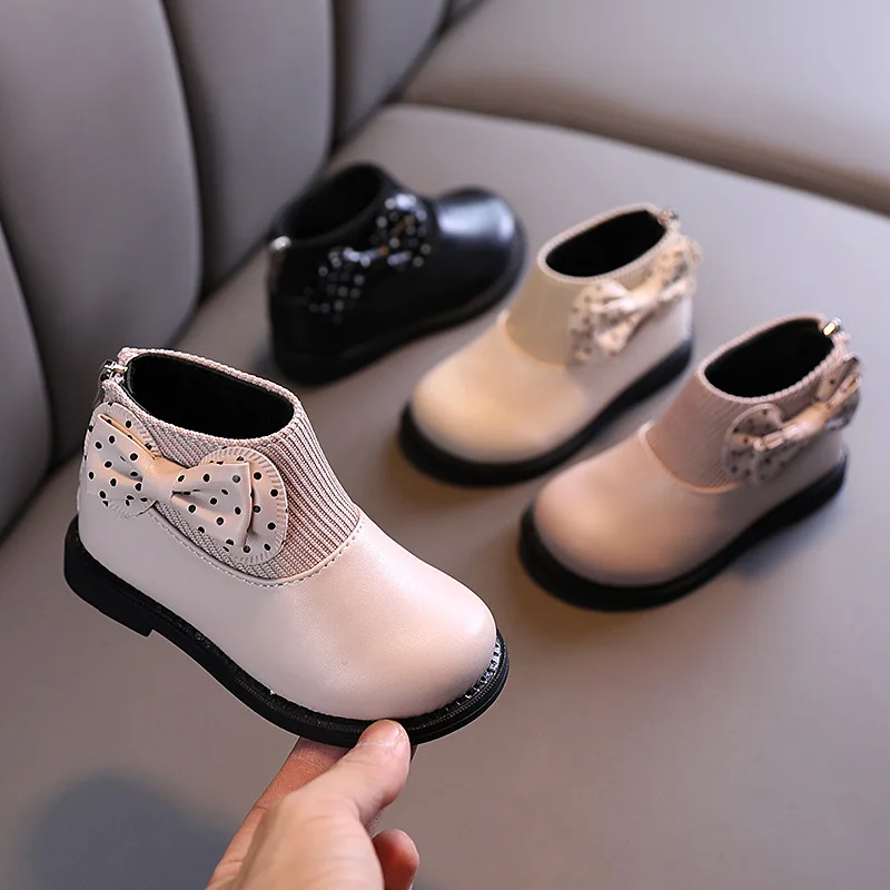 2023 Children Cotton Boots Winter Shoe For Girl Kids Soft Soled Leather Boots Cute Bowknot Baby Plush Short Boots