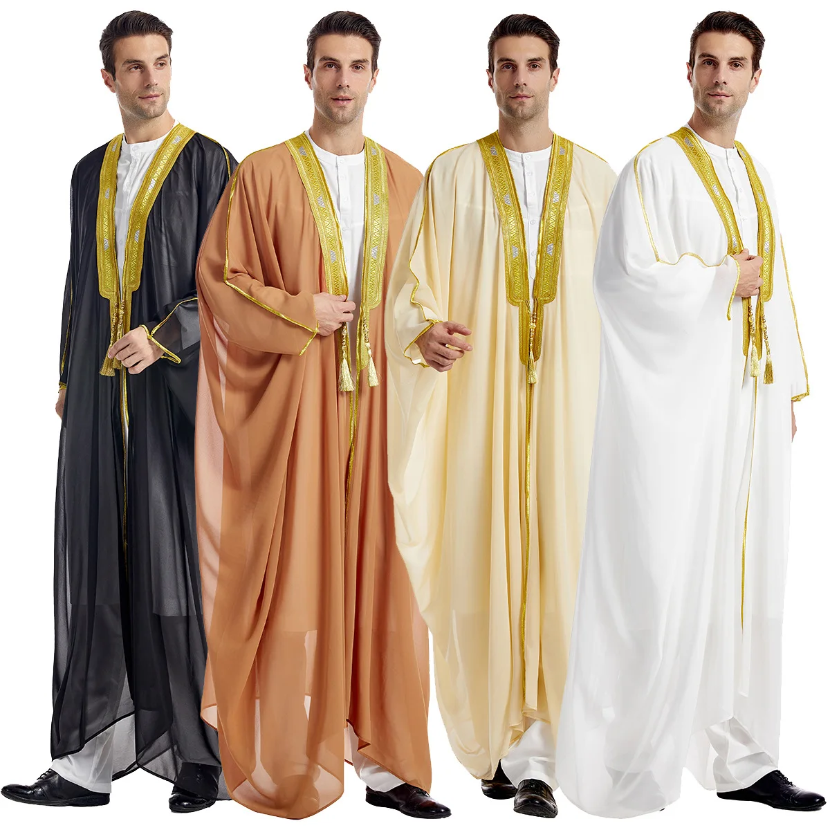 

Middle East Islamic Muslim Dubai Men's Robe Saudi Arabian Men's Embroidered Long Sleeved Hanging Bead Gold Bead Chiffon Outwear