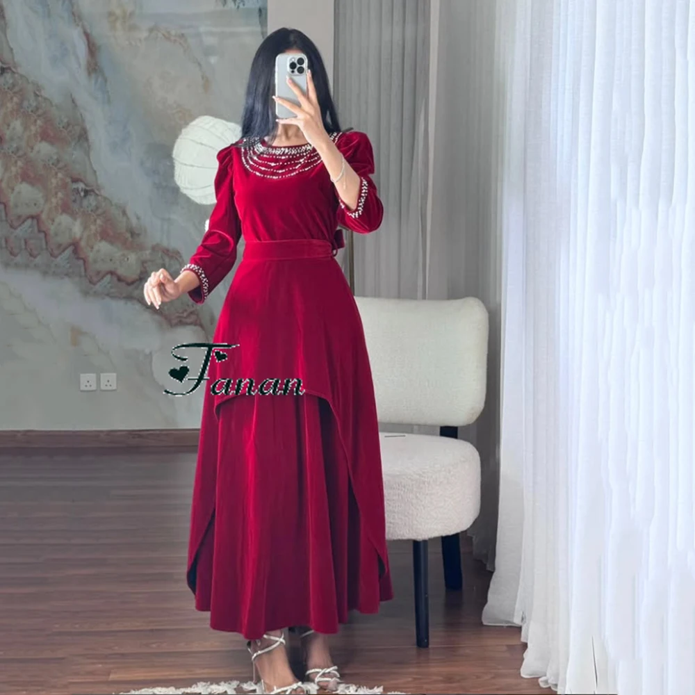 Robe de Soirée en Velours à Col Rond avec Perles Drapées Rouges Personnalisées, Manches sulf, Plis, Rinçage, Longueur, Concours, Bal de Promo