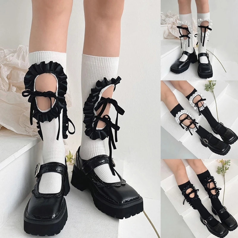 

Japanese Women Girls Ribbed Calf Socks Harajuku Hollow Out Hole Ruffled Patchwork Lace-Up Bowknot Student Cotton 37JB