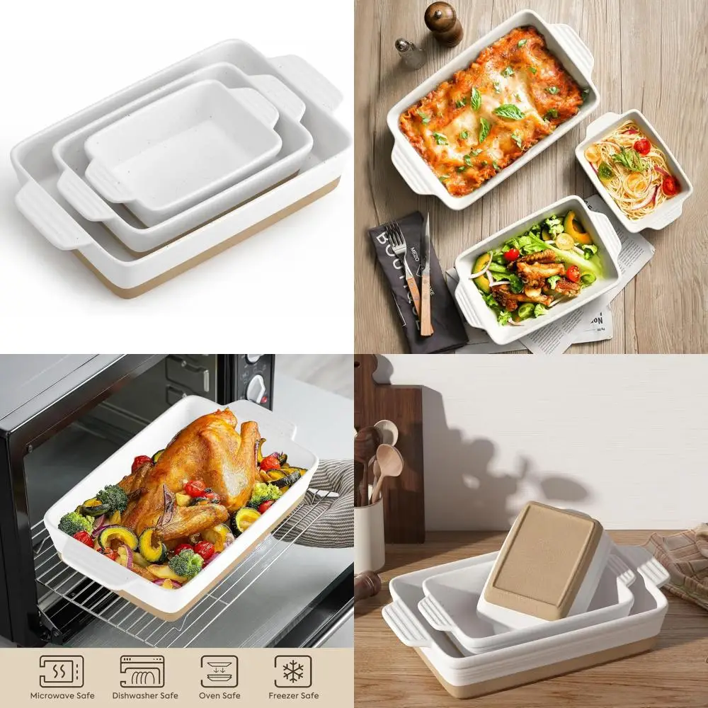 

ceramic baking dish, casserole dishes for oven, extra deep lasagna pans with handles, rectangular bakeware set of 3 from oven to