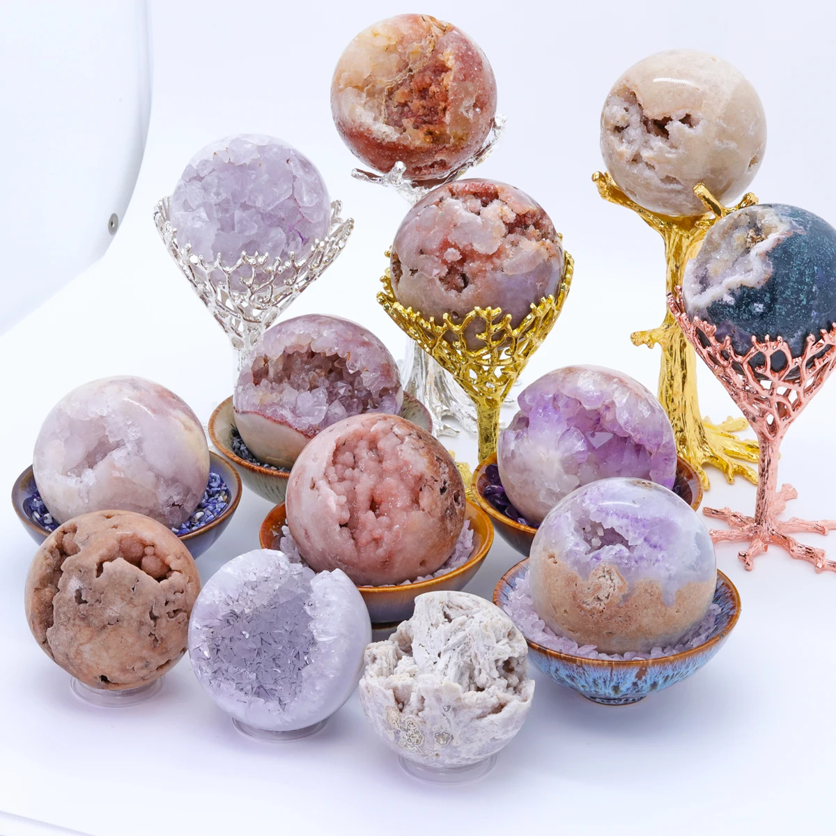 Natürliche Rosa Amethyst Ball Geode Quarz Cluster Sakura Achat Kristall Punkt Energie Stein Reiki Frauen Geschenk Hause Schmücken