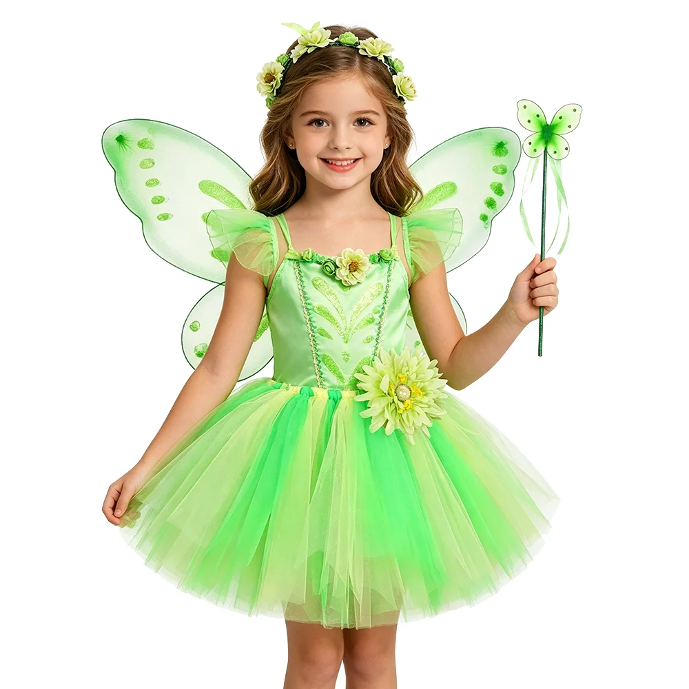 

Green Flower Fairy Tutu Skirt for Girls Jungle Forest Elves Fluffly Ballet Tutus with Wings Kids Christmas Halloween Costumes