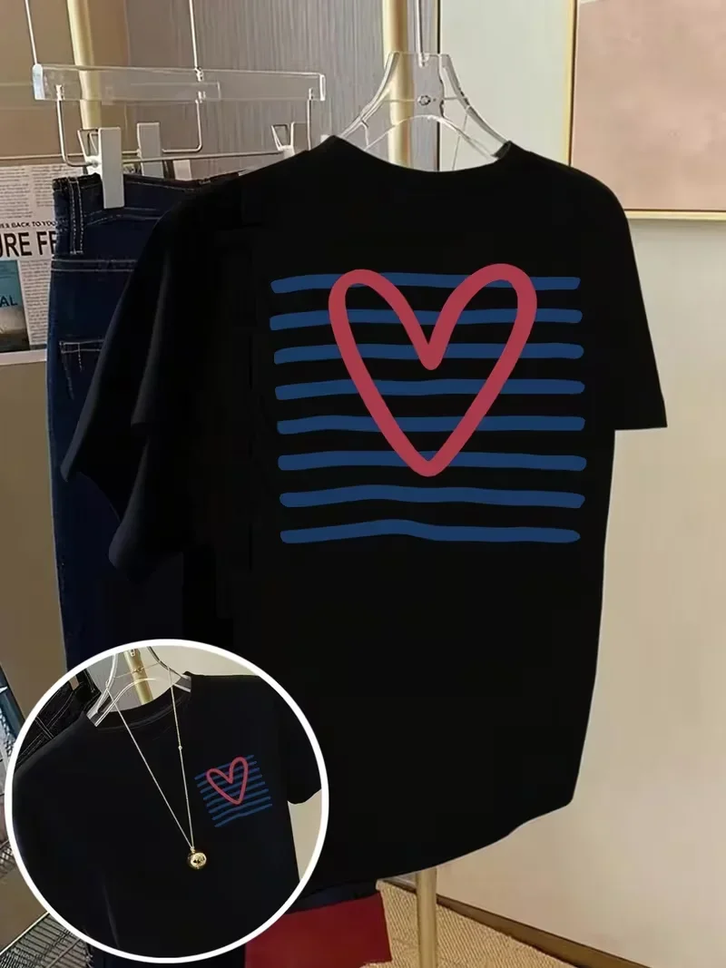 Women's Heart Checkerboard Striped Print T-Shirt Casual Loose Fit Crew Neck Short Sleeve Top for Spring Summer Streetwear