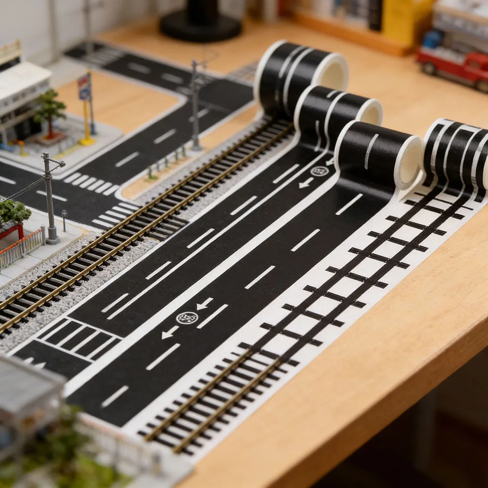Cartoon-Stil Eisenbahn- und Autobahn-Klebeband, breites, kreatives Verkehrs-Klebeband, selbstklebendes Abdeckband für Party- und Renn-Dekoration