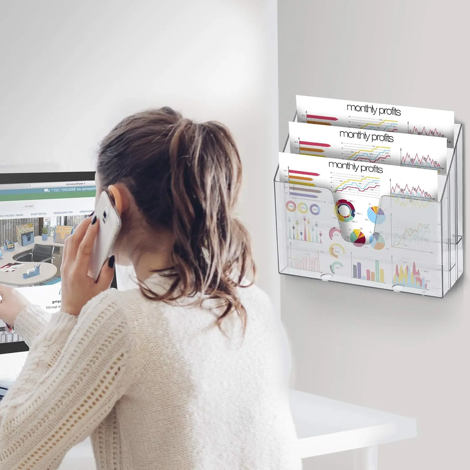 Horizontal Triple File Folder Holder Organizer (Clear Crystal Color)