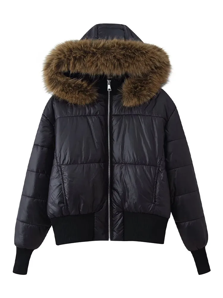 

HH Woman New Winter Fashion Versatile Long Sleeves Zipper Faux Fur Trim Hooded Quilted Jacket Female Casual Street Style Jacket