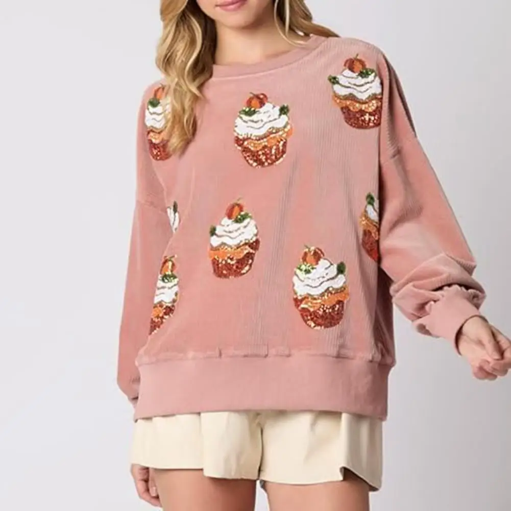 Women Sequined Sweatshirt Loose Fit Sweatshirt Sequin Cupcake Pattern Sweatshirt for Women Festive Christmas Theme Top for New