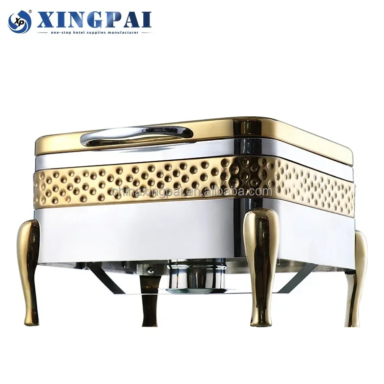 XINGPAI Five Star Hotel Dubai Hammered Luxury Gold Chafers Stainless Steel Chafing Dish With Visible Glass Lid