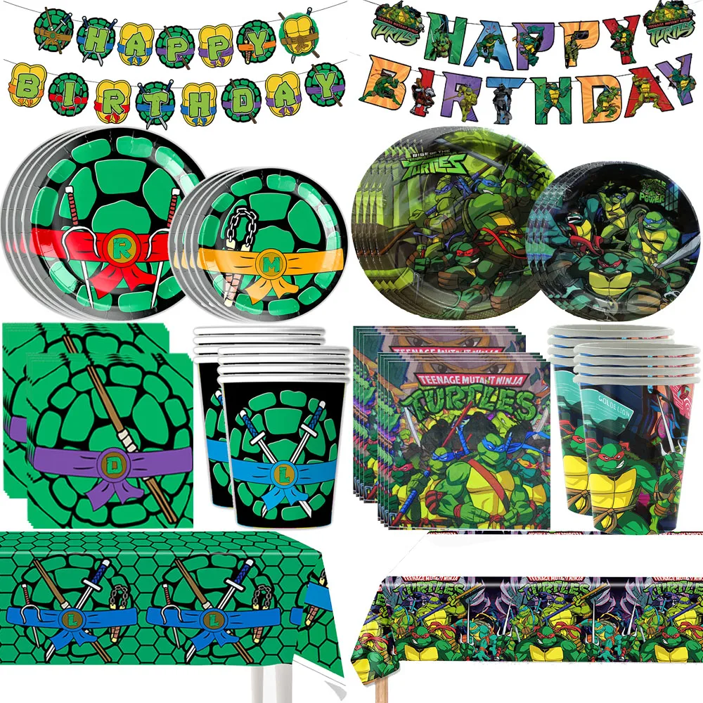 Cartoon Ninjas Turtles Themen-Geburtstagsparty-Dekorationen Mutanten-Ballons Teller Banner Tischgeschirr-Set für Kinder-Party-Geschenke