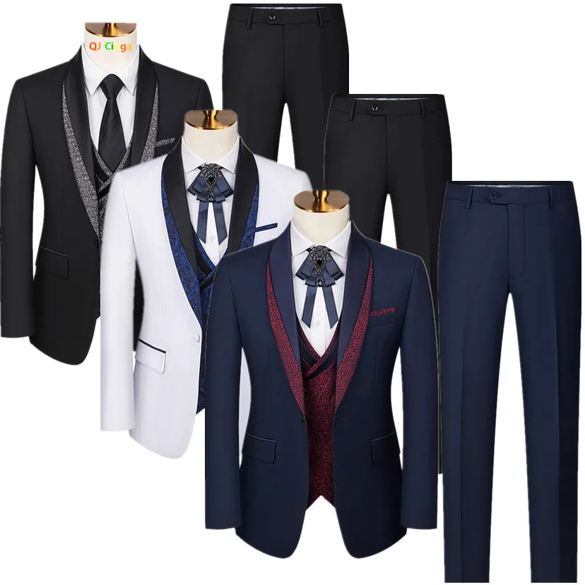 

Men's Three-Piece Formal Suit Set for Wedding Party White/Blue/Black - Jacket Vest Pants Ensemble New Arrival 2025