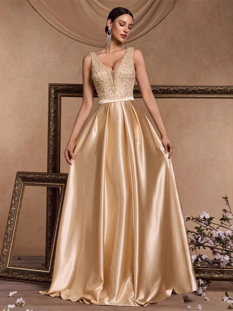 Ele soirée Dr perle Patchwork couleur soie Satin v-ne grande ligne a femmes formelle danse robe de bal taille basse soie