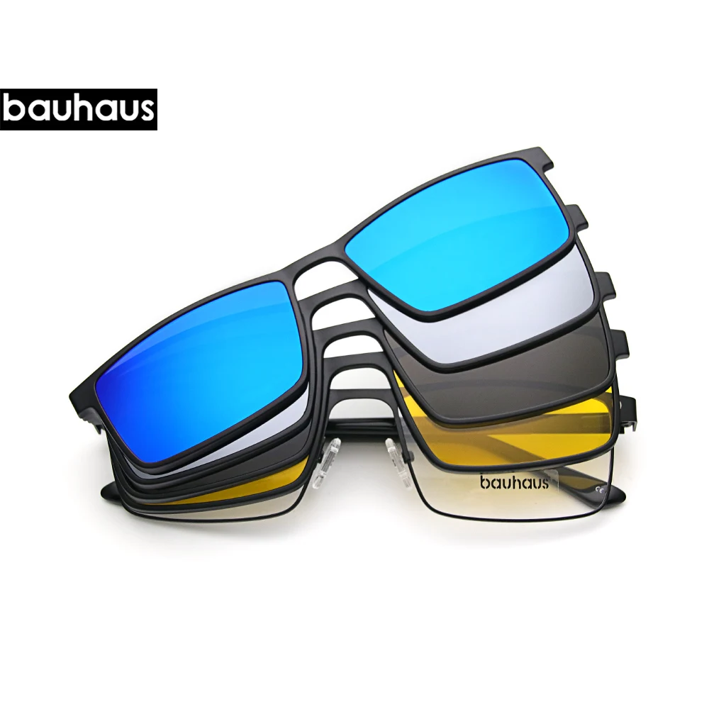 X304 Bauhaus New Multi Function 4 in 1 Men Metal Eyewear Frame with Magnetic Clip on Dark Sunglasses