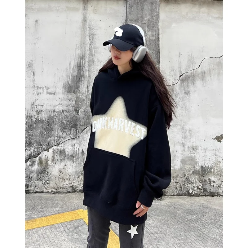 Apricot Women Sweatshirt Hoodie Vintage Letter Embroidery Long Sleeve Korean Fashion Casual Y2K Style Autumn Female Black Tops