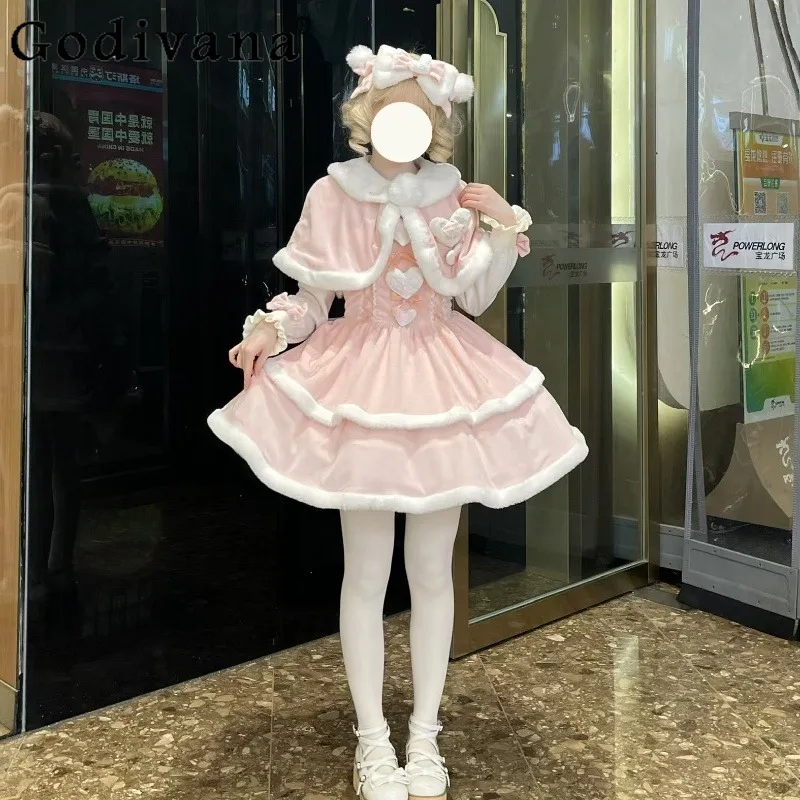 

Lolita New Year Lolita Dress Set for Ladies Autumn Winter Japanese Style Christmas Dress and Cape Women Sweet Dress Suits