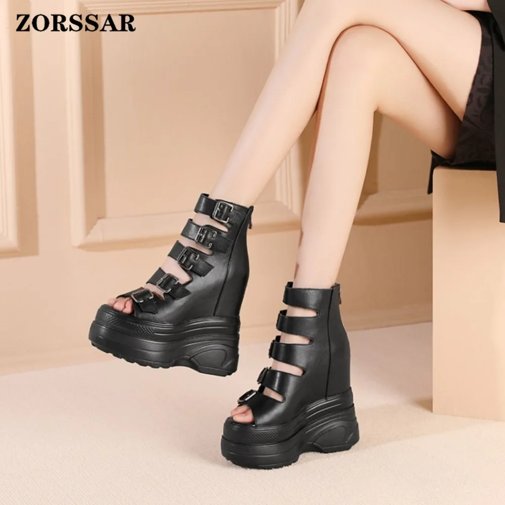 Women's White 16cm Super High Heel Wedge Platform Sandals Cutout Ankle Boot Open Toe Back Zipper Multi Buckle Strap Party Shoes view 3