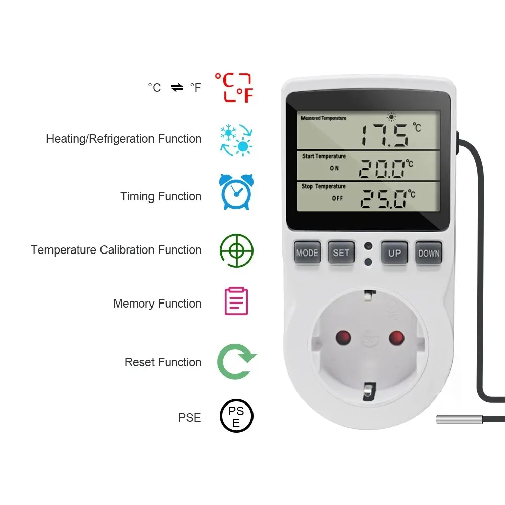 EU Plug Digital Temperature Controller Timer Socket Thermostat With Timer Switch Cooling Heating Temperature Sensor