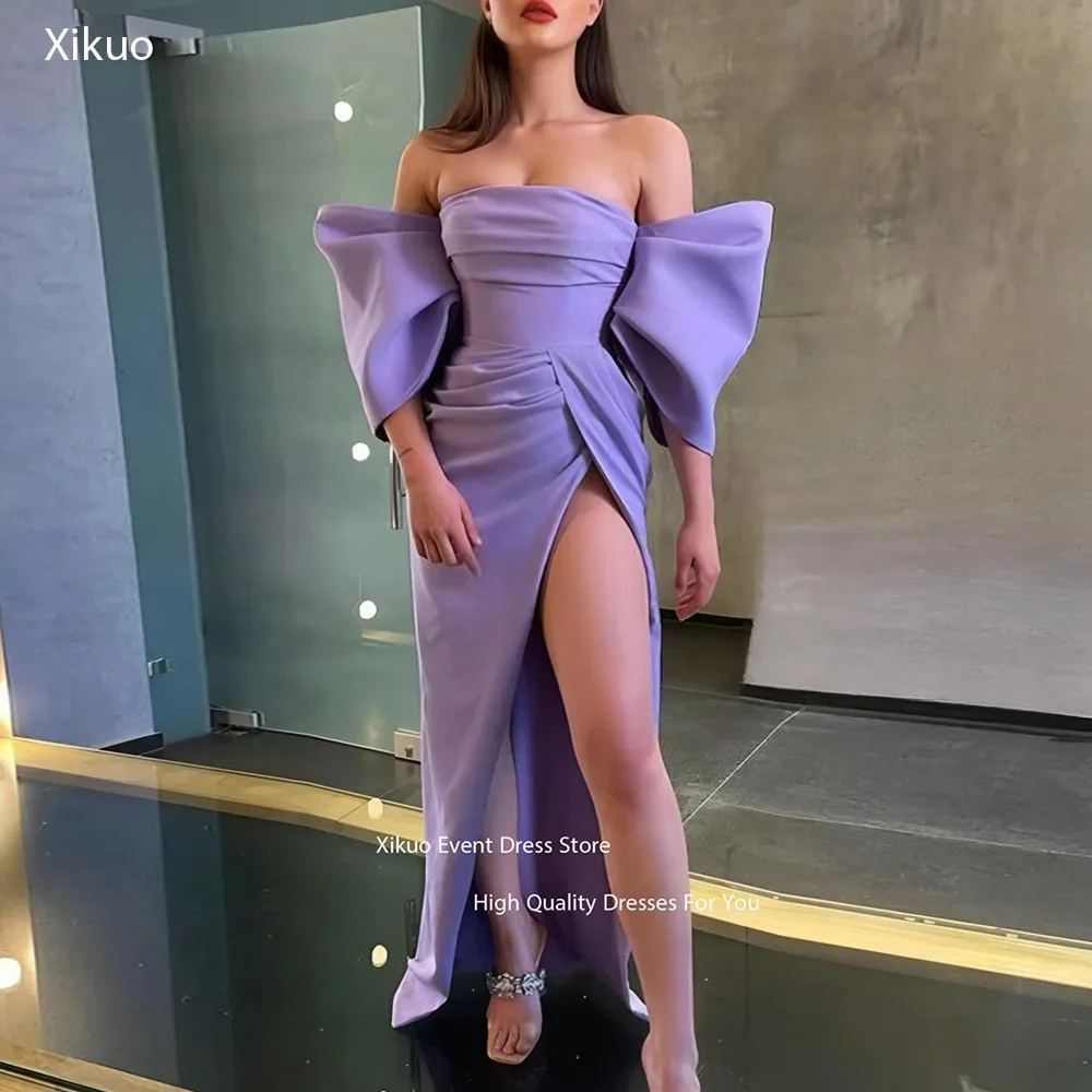 Xikuo Graceful Abiti da sera viola con spacco alto Increspato con spalle scoperte Abito da cocktail Femmes Abito da ballo con orlo asimmetrico personalizzato