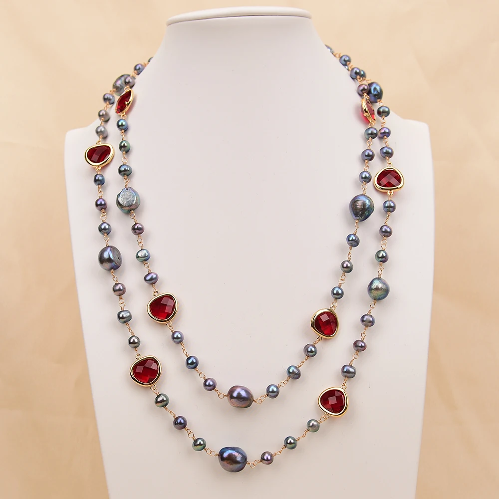 

G-G 44" Natural Pearl Black Baroque Keshi Pearl Red Crystal Connector Long Necklace