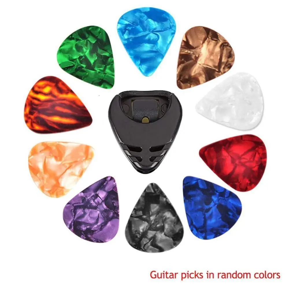 10PCS Random Color Guitar Picks & Guitar Pick Holder Stick-on Holder 0.46/0.71/1.0MM Acoustic Guitar Pick Amber Artistic