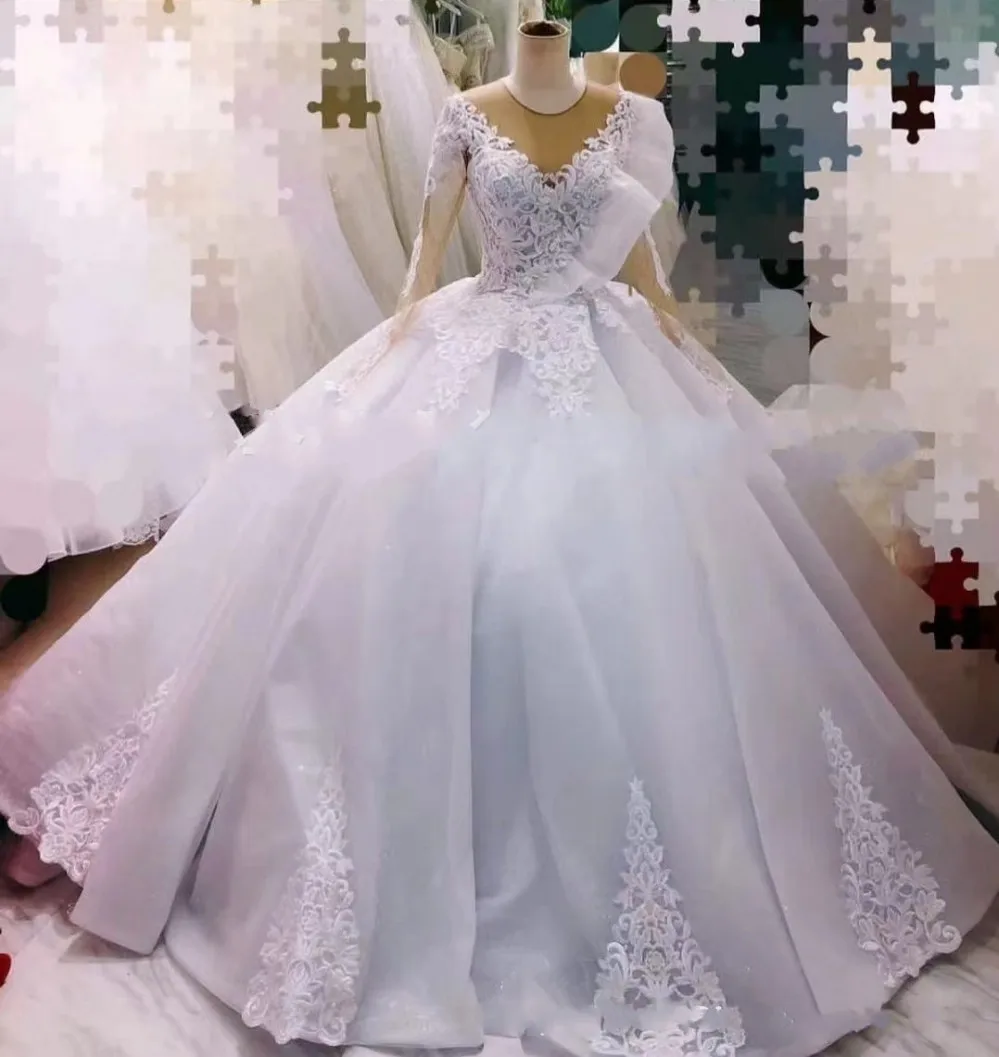 Robe de mariée princesse en organza avec appliques en dentelle, col transparent, volants, manches longues, adaptée aux patients, nouvelle robe éducative, 2024