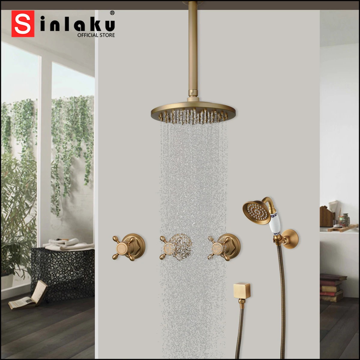 SINLAKU Bathroom Shower Set Luxury Antique Brass With Rainfall Square Shower Head Top-Spray Faucet Hot And Cold Water Mixer Taps