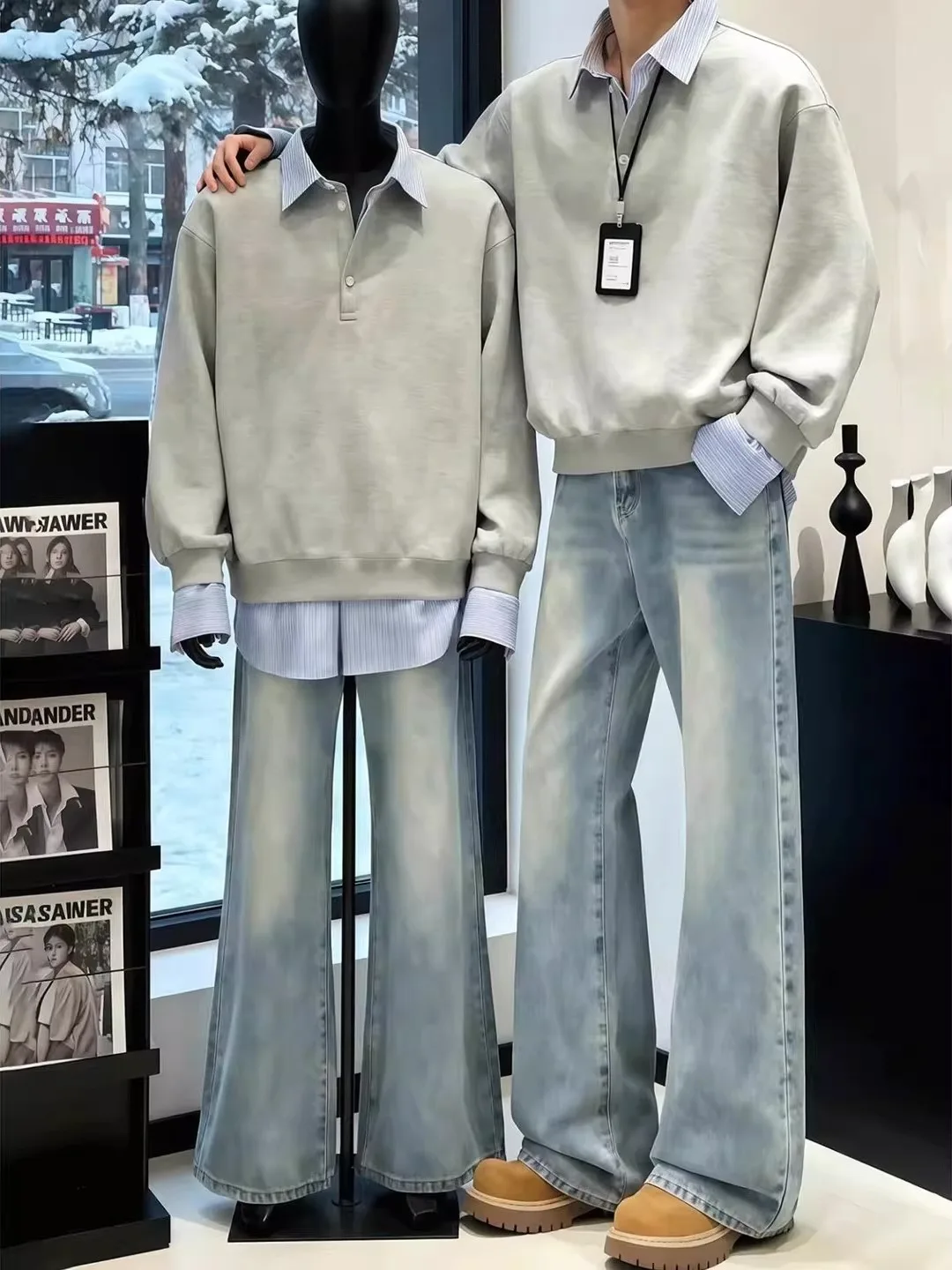 

Light Blue Men's Straight Leg Jeans mid Waist Knife Tapered Casual Wear Stretch Denim Pants Spring Faion Street Sle