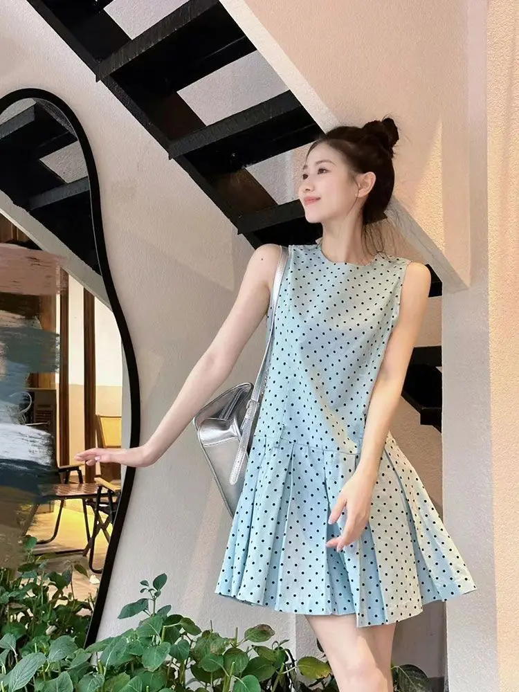 Ezgaga Vintage Dresses Women Sleeveless Polka Dot Elegant French Style Chic Party Pleated Mini Dress Ladies Sweet Casual