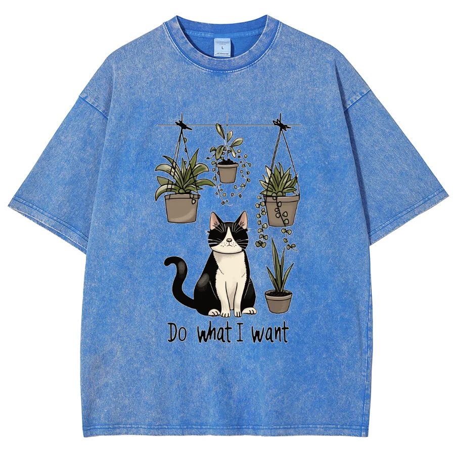 Black Cute Cat Cartoon Print Women's T-Shirt Oversized Loose Wash Denim Cotton Short Sleeve Casual Fashion Girly Top Y2k