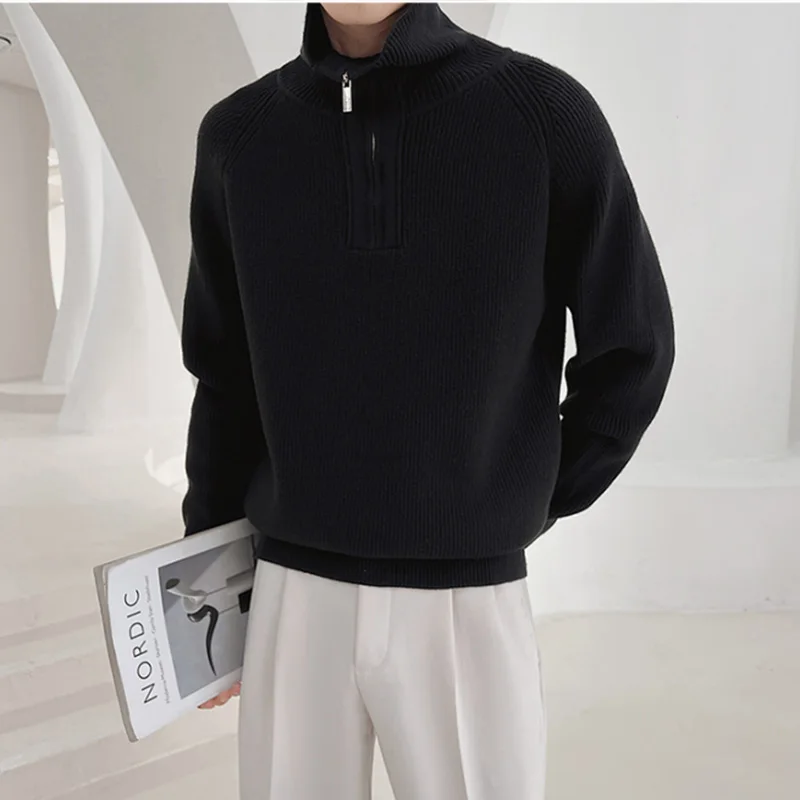Autumn Winter KPOP Fashion Style Harajuku Slim Fit Tops Loose Casual All Match Knitwear High Collar Zipper Long Sleeve Sweaters