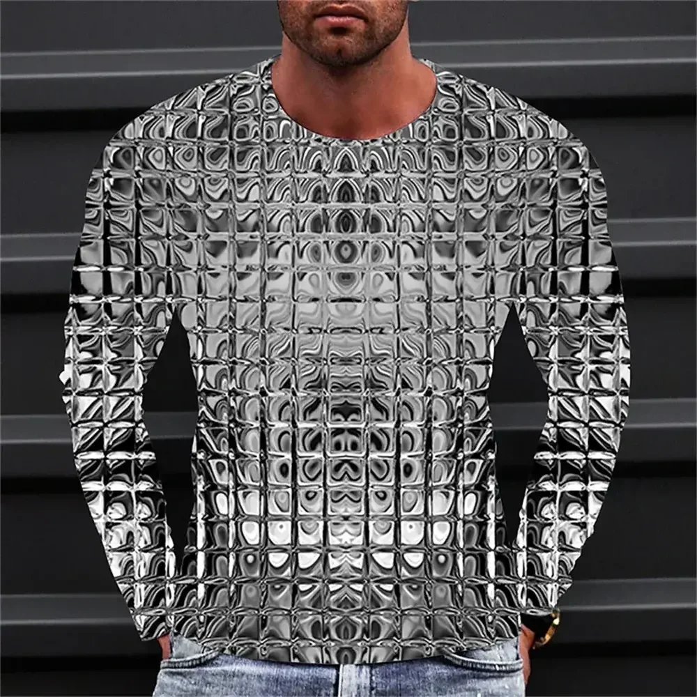 Mens Polyester Fiber 3D Printed Twisted Line Visual Effect Pattern Long Sleeve Tee Round Neck Daily Streetwear