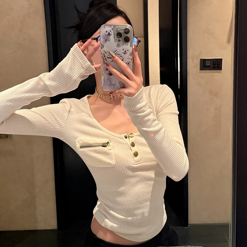 Genayooa Korean Vintage Cotton T Shirt Women Long Sleeve Skinny Y2k American Retro 90s Crop Tops Streetwear Pocket Tee Tops